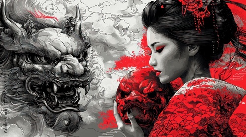 Geisha and Guardian Lion Artistic Fusion Artwork photo