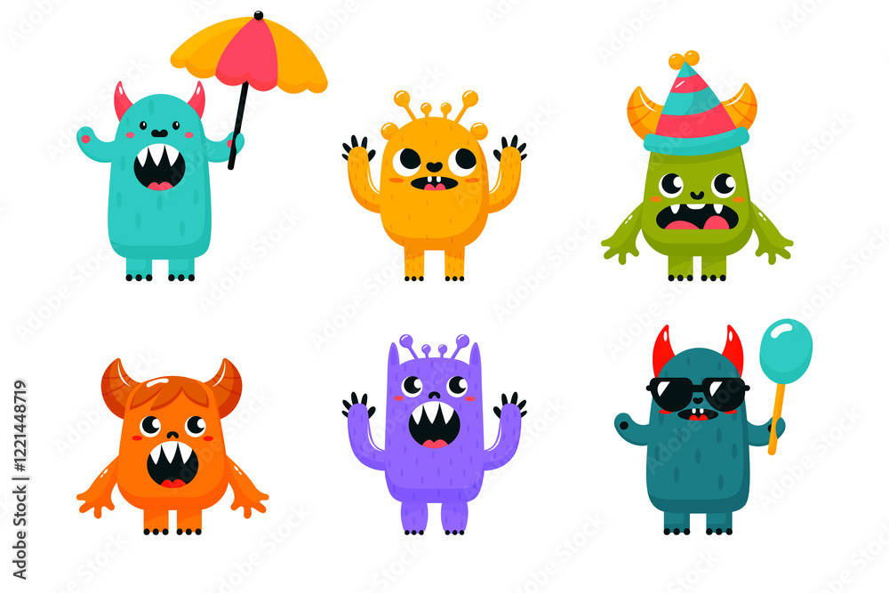 Fototapeta premium cute cartoon monsters set isolated on transparent background flat vector illustration