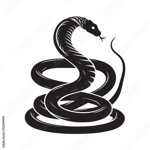 Black silhouette of a twisted snake isolated on a transparent background,World snake day, Symbol of Chinese New Year 2025,King cobra posses on a white background