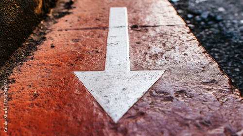 A large white arrow points downwards, set against a red background, creating a bold and clear visual contrast.