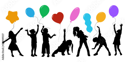 Children silhouettes. Little boys and girl playing with colorful balloons. Vector illustration.	
