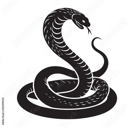 Black silhouette of a twisted snake isolated on a transparent background,World snake day, Symbol of Chinese New Year 2025,King cobra posses on a white background