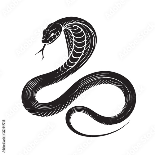 Black silhouette of a twisted snake isolated on a transparent background,World snake day, Symbol of Chinese New Year 2025,King cobra posses on a white background