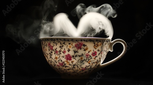 Floralpatterned teacup heartshaped steam rising delicately creating a cozy Valentines Day visual perfect for lovethemed photography romantic branding or intimate lifestyle designs photo