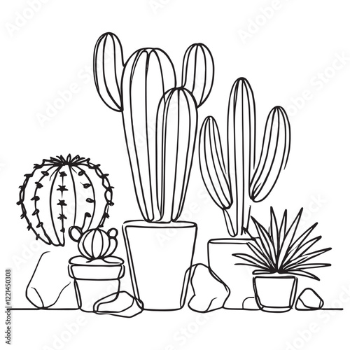Cactus continuous single line art outline Vector illustration drawing for home and interior botanical plant concept on a white background
