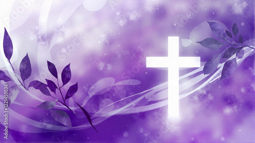 Spiritual illustration of white christian cross glowing on purple background with leaves and branches. Ash Wednesday, catholic lent