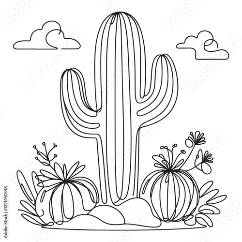 Cactus continuous single line art outline Vector illustration drawing for home and interior botanical plant concept on a white background