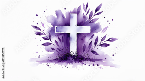 watercolor illustration of white christian cross on purple background with leaves and branches. Ash Wednesday, catholic lent