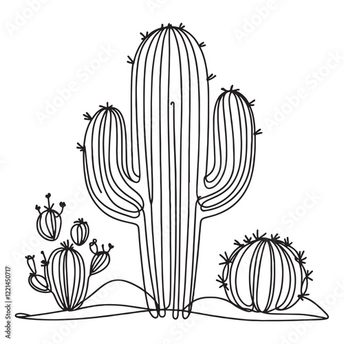 Cactus continuous single line art outline Vector illustration drawing for home and interior botanical plant concept on a white background