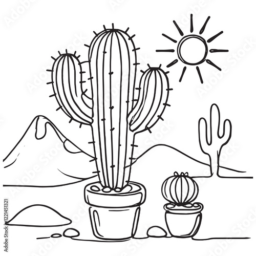 Cactus continuous single line art outline Vector illustration drawing for home and interior botanical plant concept on a white background