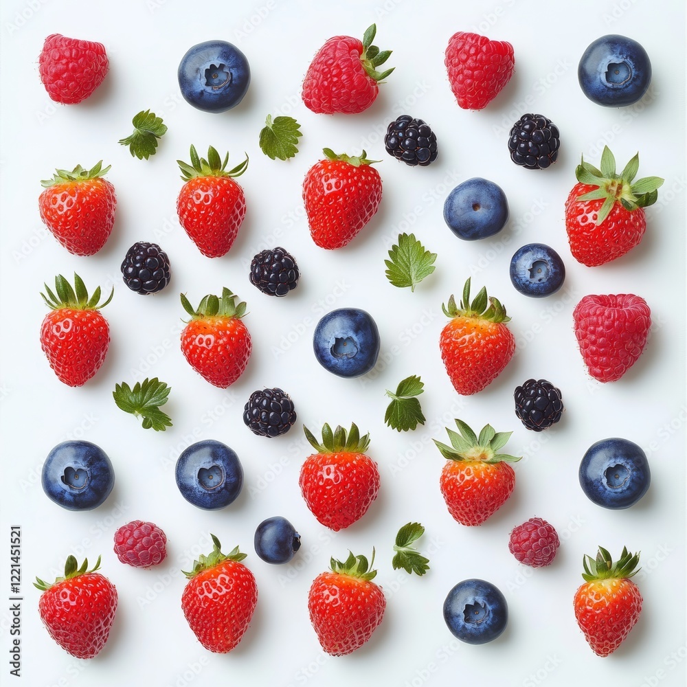A variety of fresh strawberries, blueberries, raspberries, and blackberries are artfully arranged on a clean, white background creating a vibrant, wholesome image. A variety of fresh strawberries, blueberries, raspberries, and blackberries are artfully arranged on a clean, white background creating a vibrant, wholesome image.