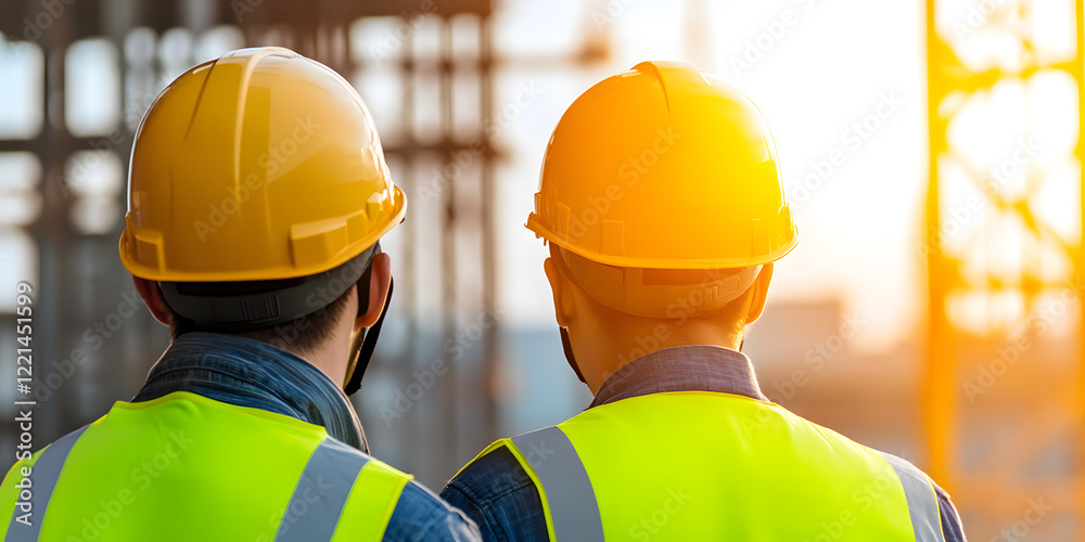 Two construction workers in hard hats and safety vests observe a construction site.  Golden hour light bathes the scene.