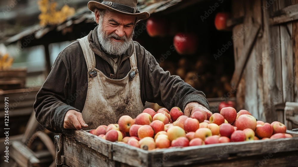Elderly caucasian male farmer harvesting apples in rustic outdoor setting Elderly caucasian male farmer harvesting apples in rustic outdoor setting