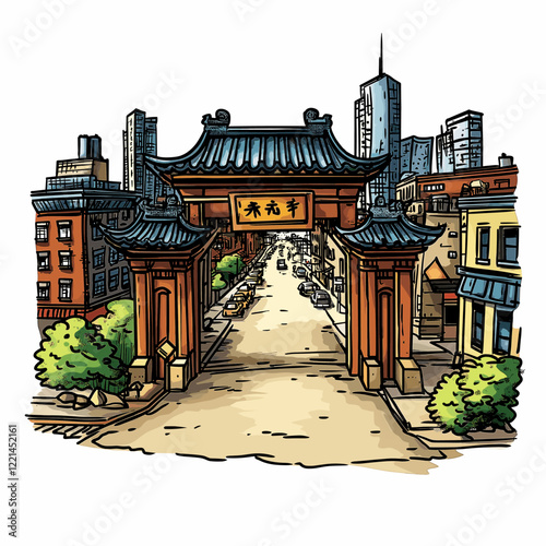 Vector comic hand-drawn illustration of Chinatown gate. Chinatown gate in New York