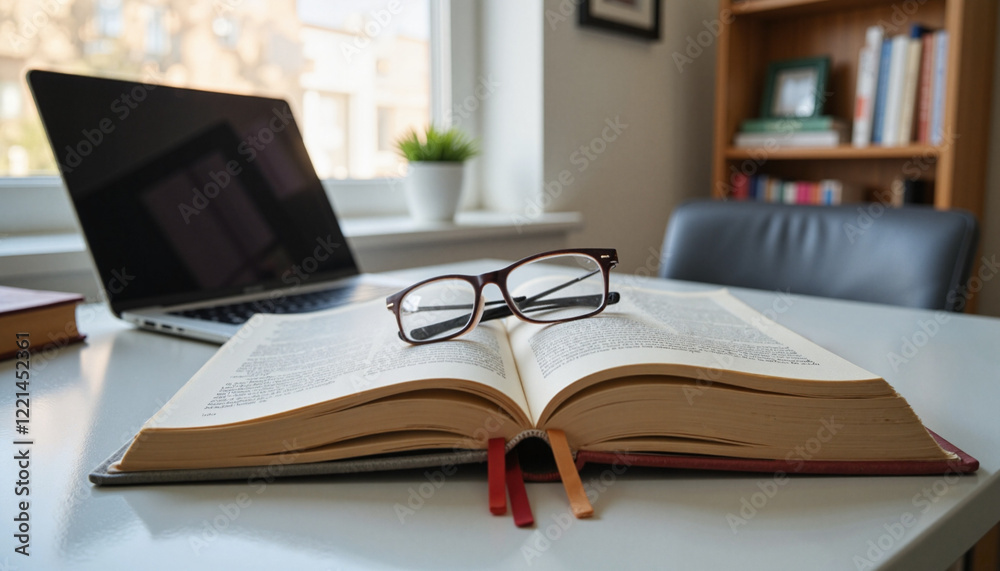 Open book with glasses on desk near laptop and plant, World Book Day Open book with glasses on desk near laptop and plant, World Book Day