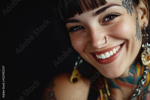 A smiling woman with visible tattoos and piercings, great for lifestyle or subculture theme images