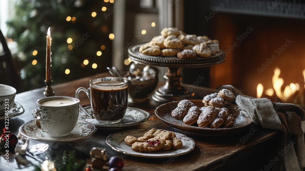 Cozy winter tea time with coffee and cookies by the fireplace Cozy winter tea time with coffee and cookies by the fireplace