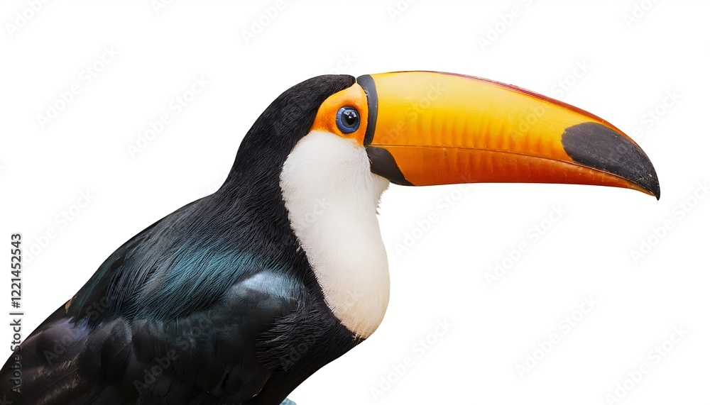 Naklejka premium A vibrant toucan with its signature colorful beak perched gracefully, isolated on a white background. The tropical bird's striking features make it ideal for nature, wildlife and exotic-themed designs