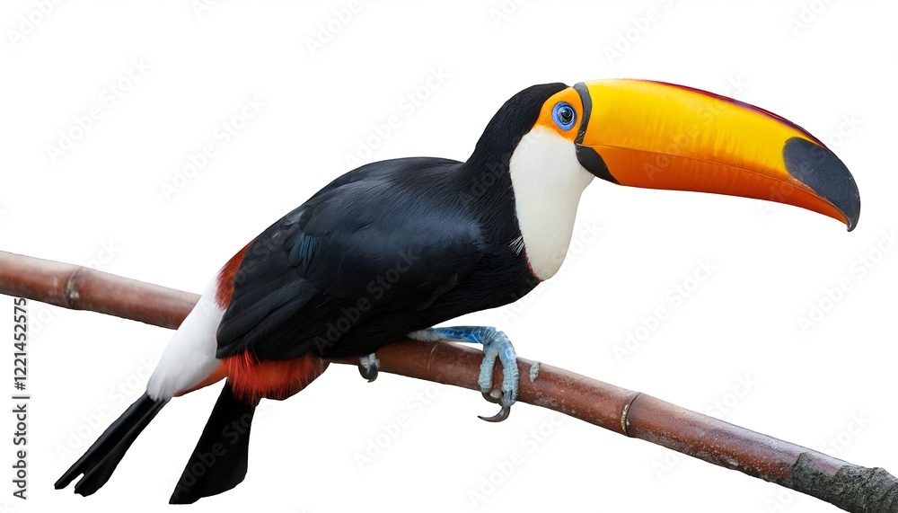 Naklejka premium A vibrant toucan with its signature colorful beak perched gracefully, isolated on a white background. The tropical bird's striking features make it ideal for nature, wildlife and exotic-themed designs