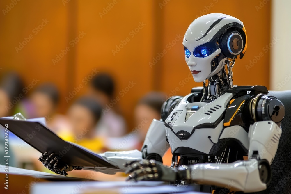 A robot sits at a table with a laptop, focused on its work