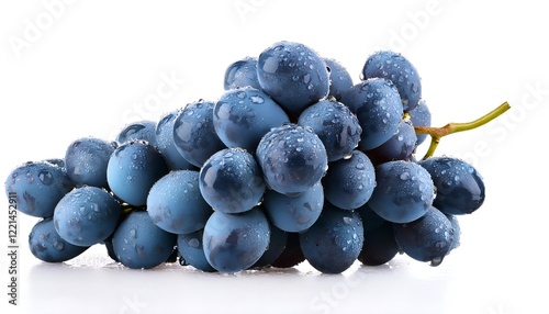 A fresh and juicy bunch of wet blue grapes, isolated on a white background. The vibrant fruit conveys natural health and freshness, perfect for food or wellness themes