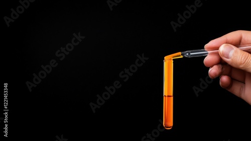Amber Liquid in Test Tube: A hand delicately pours amber liquid from a dropper into a test tube against a stark black backdrop.