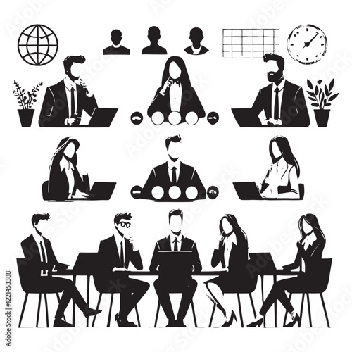 Group of business people partners coworkers having remote video conference call sillhouette  Vector flat illustration on a white background