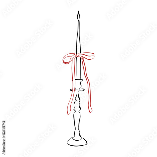 Hand drawn candle with ribbons and bows. Vintage elements in simple crayon and sketch style. Coquette core symbols for Valentine day and wedding invitations. Doodle vector illustration