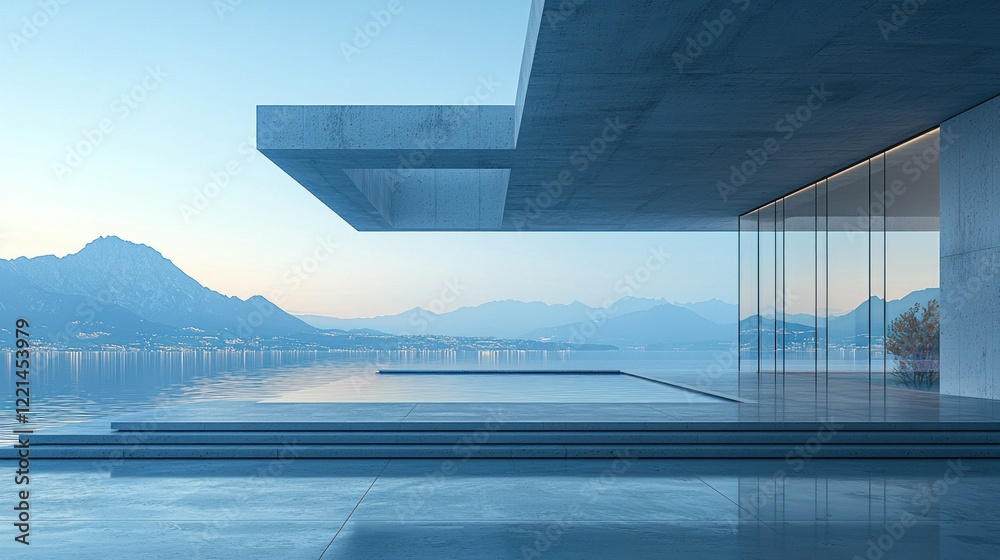 Fototapeta premium Modern minimalist house overlooking serene lake mountains