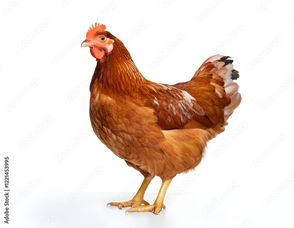Fototapeta premium A brown chicken hen standing upright, showcasing its feathers and natural pose, isolated on a white background. Perfect for farm, agriculture, and animal-related themes.