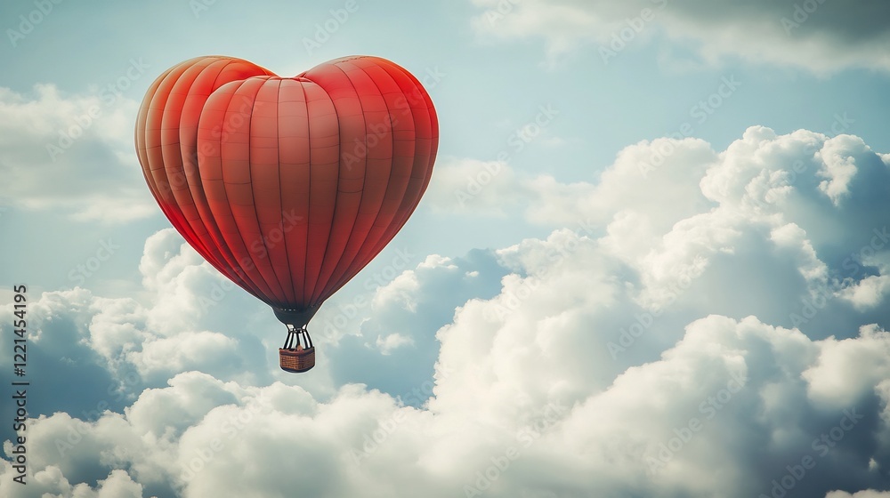 Fototapeta premium Whimsical hot air balloon shaped like heart floating among fluffy clouds creating a dreamy Valentines Day visual perfect for festive holiday designs or romantic storytelling concepts