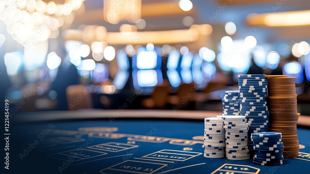 A close-up view of colorful poker chips stacked on a casino table, with a blurred background of slot machines and ambient lights