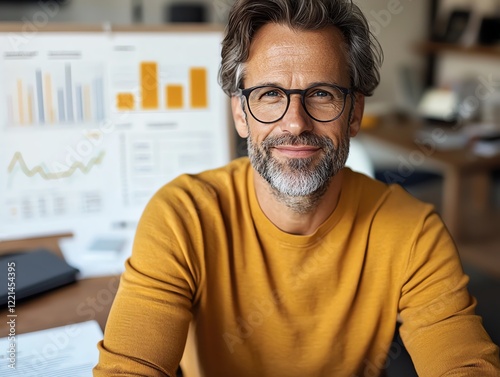 A confident man in a yellow sweater smiles at the camera while sitting in a modern office