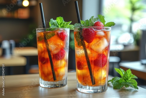 Refreshing iced tea with strawberries and mint perfect for a summer day Two tall glasses filled with deliciousness