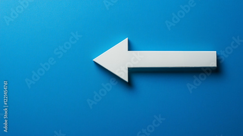 A large white arrow points to the left, set against a blue background, creating a bold and clear visual contrast.