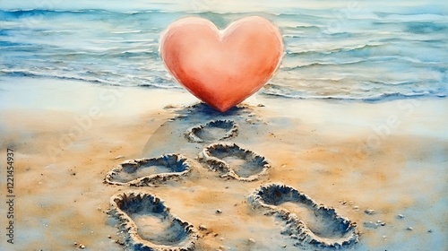 Watercolor footprints leading a large heart drawn in the sand creating a playful Valentines Day design perfect for romantic beachinspired visuals or creative lovethemed photography photo