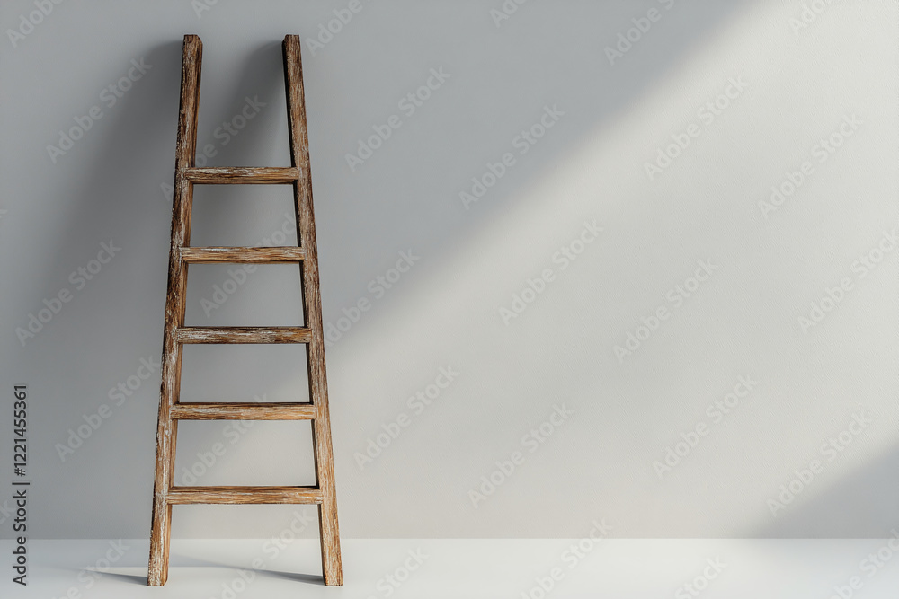 Wooden ladder on a plain wall with soft sunlight. Business background