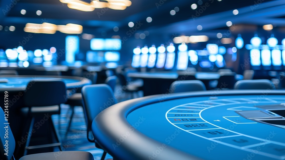 Obraz premium A modern casino interior featuring a vibrant gaming table with blue felt and soft lighting