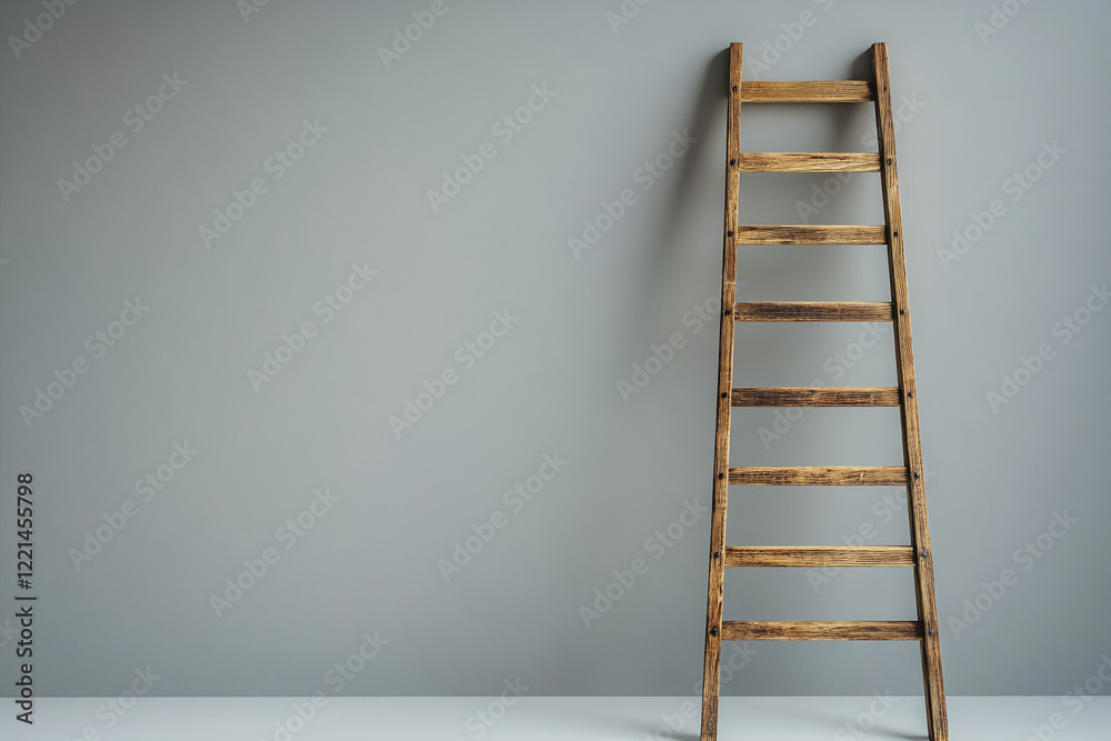 Wooden ladder against a plain light wall with soft light and clean space. Business background Wooden ladder against a plain light wall with soft light and clean space. Business background