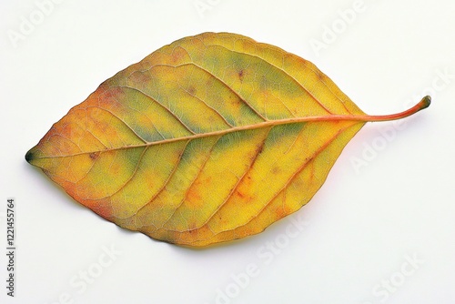 A single yellow leaf sits on a clean white surface, perfect for design and illustration uses
