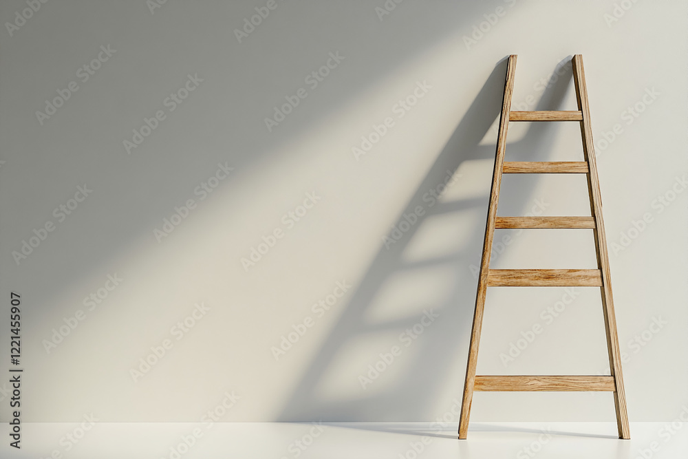 Wooden ladder leaning against a light wall with soft shadows in a minimalist room. Business background Wooden ladder leaning against a light wall with soft shadows in a minimalist room. Business background