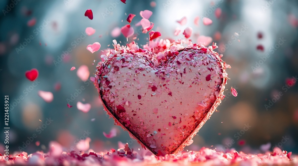 Heartshaped box bursting open pink and red flower petals in midair creating a vibrant Valentines Day aesthetic perfect for romantic gifting festive visuals or lovethemed photography Heartshaped box bursting open pink and red flower petals in midair creating a vibrant Valentines Day aesthetic perfect for romantic gifting festive visuals or lovethemed photography