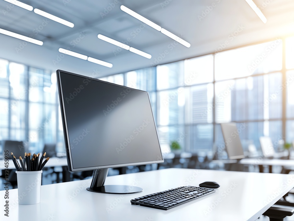 A modern office workspace featuring a sleek desktop computer on a minimalistic desk. Bright sunlight streams through large windows, highlighting a clean and organized environment.