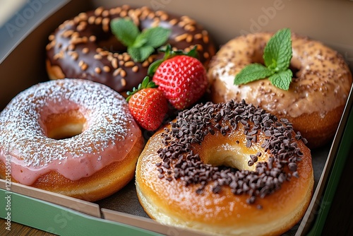 Assorted donuts in a box ready to enjoy Chocolate strawberry and other delicious flavors photo