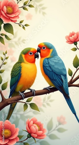 Two colorful birds sitting on a branch with flowers
