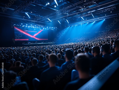 A vibrant audience gathers in a large auditorium, illuminated by striking blue lights and dynamic visuals, creating an electrifying atmosphere of anticipation and excitement.