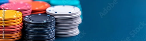 A vibrant array of colorful poker chips in various sizes arranged neatly against a blue background, evoking a sense of excitement and anticipation for gaming enthusiasts. photo