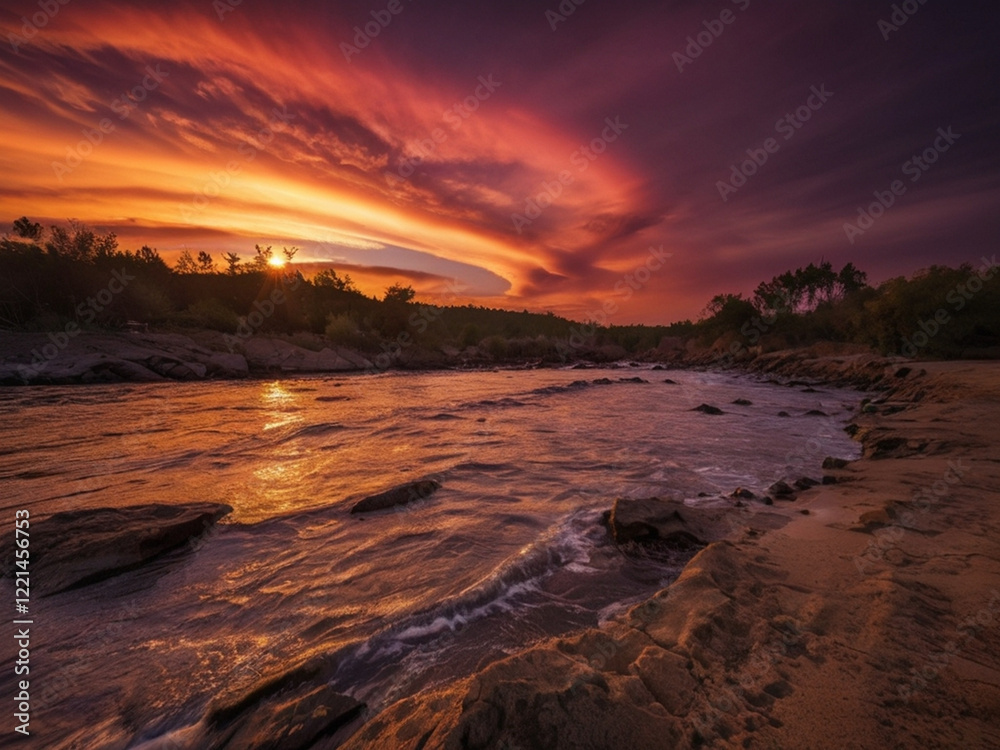 Obraz premium Amazing sun set moment over the foamy ocean waves onto the sea beach sand