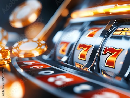 Close-up of a vibrant slot machine with spinning reels and bright graphics. The excitement of gambling is captured through the spinning numbers and flying coins. photo