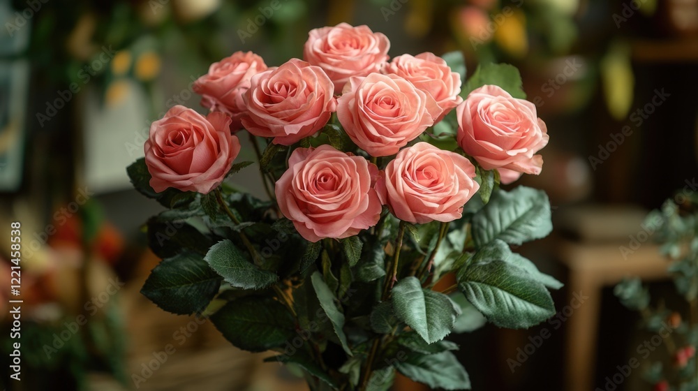 Obraz premium A bouquet of fresh pink roses arranged in a clear glass vase, perfect for decorative purposes or as a gift